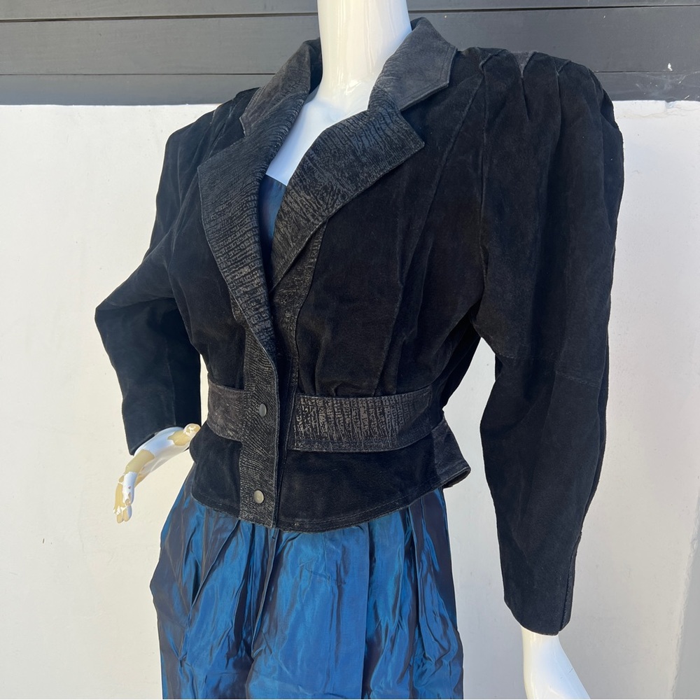 80s Patterned Black Layered Shoulder Leather Jack… - image 7